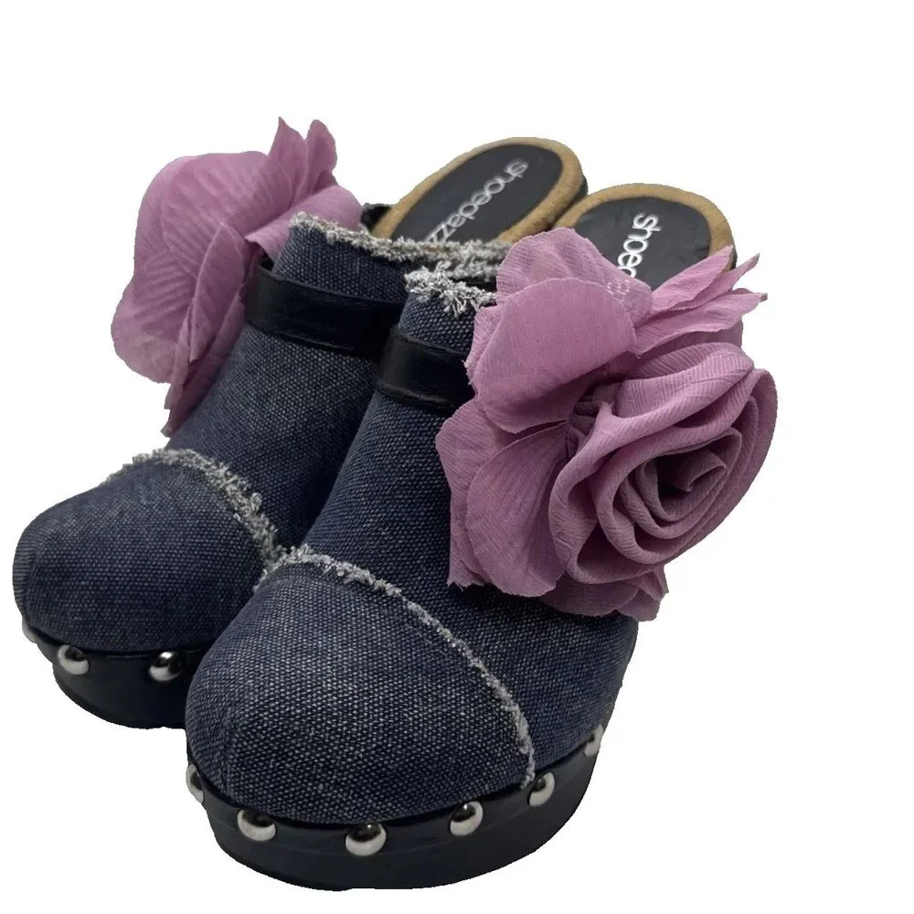 ShoeDazzle Women’s Denim Floral Platform Heels Open Toe Studded Mules Sz 7 - Picture 6 of 12